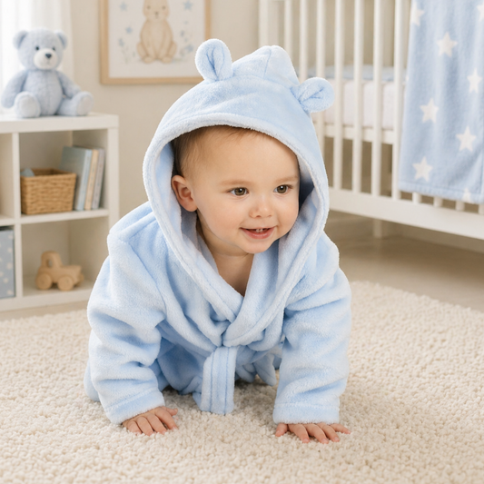 Baby wearing blue hooded dressing gown soft plush baby bath robe baby boy gift