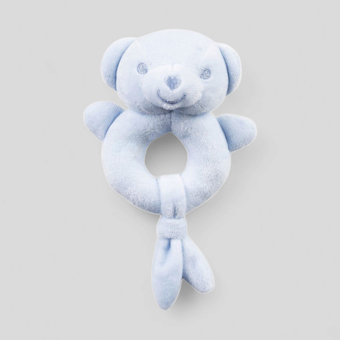 Blue teddy soft baby rattle – eco-friendly 15cm plush toy for newborn sensory play and gifting
