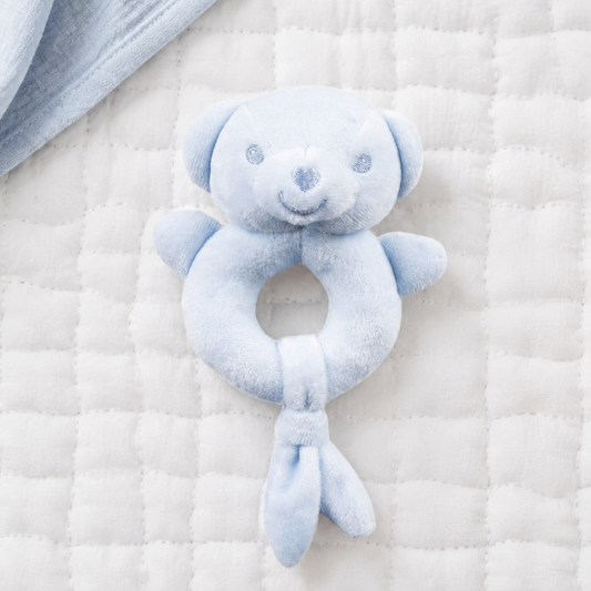 Blue teddy soft baby rattle – eco-friendly 15cm plush toy for newborn sensory play and gifting