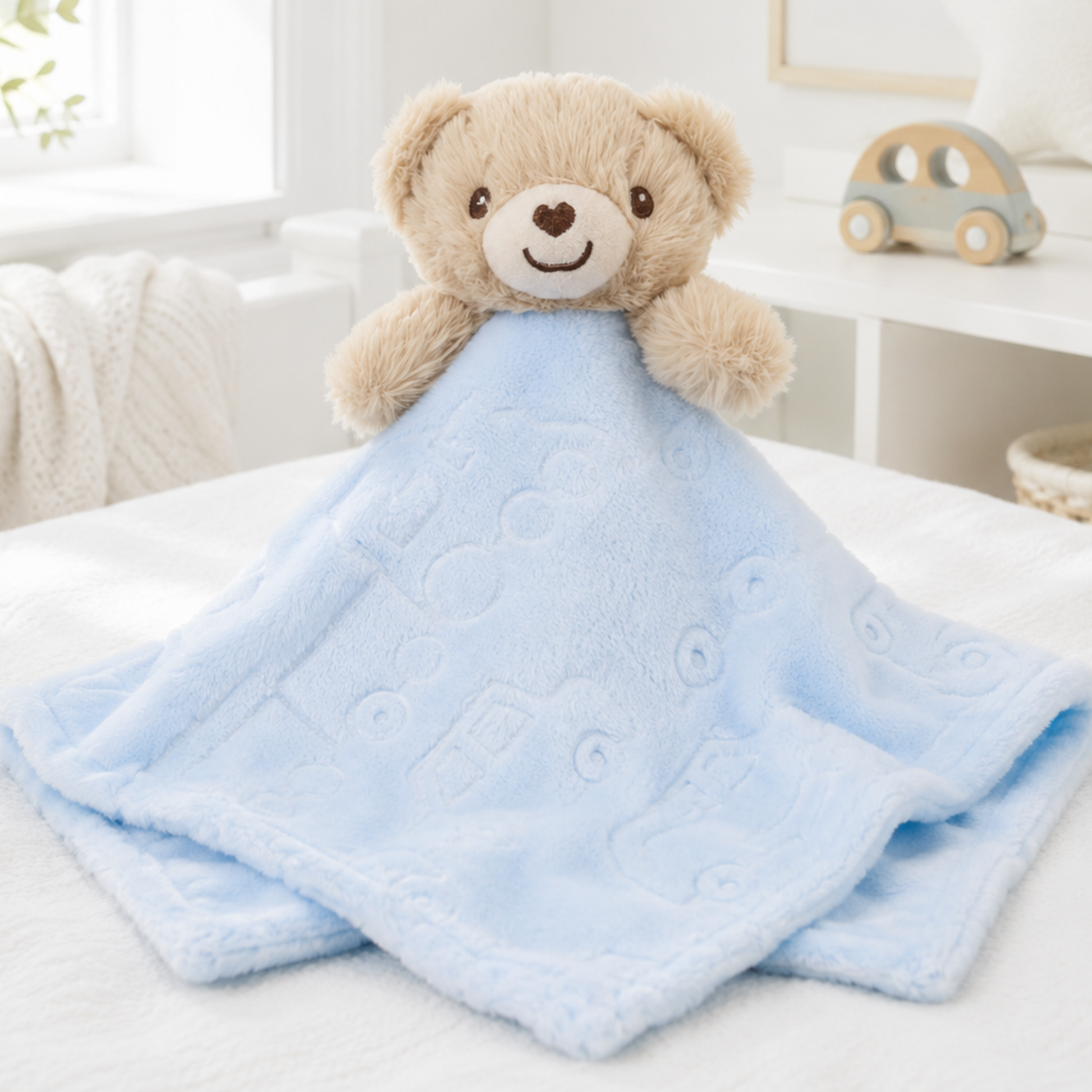Plush baby comforter light blue vehicle design - baby boy gifts