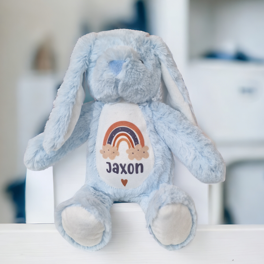 Blue personalised plush floppy bunny – personalised baby toy and newborn gift from Ema and Boo