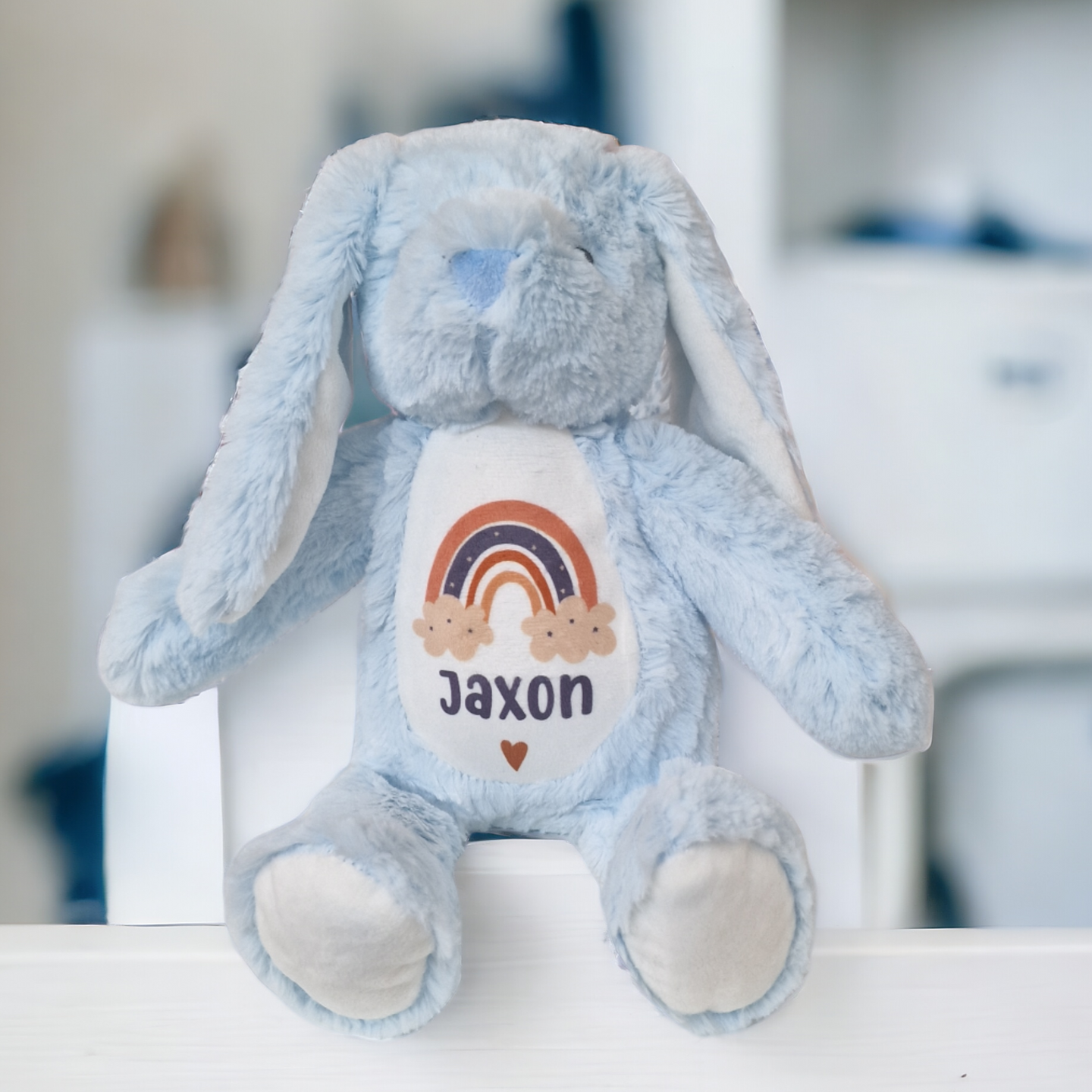 Blue personalised plush floppy bunny – personalised baby toy and newborn gift from Ema and Boo