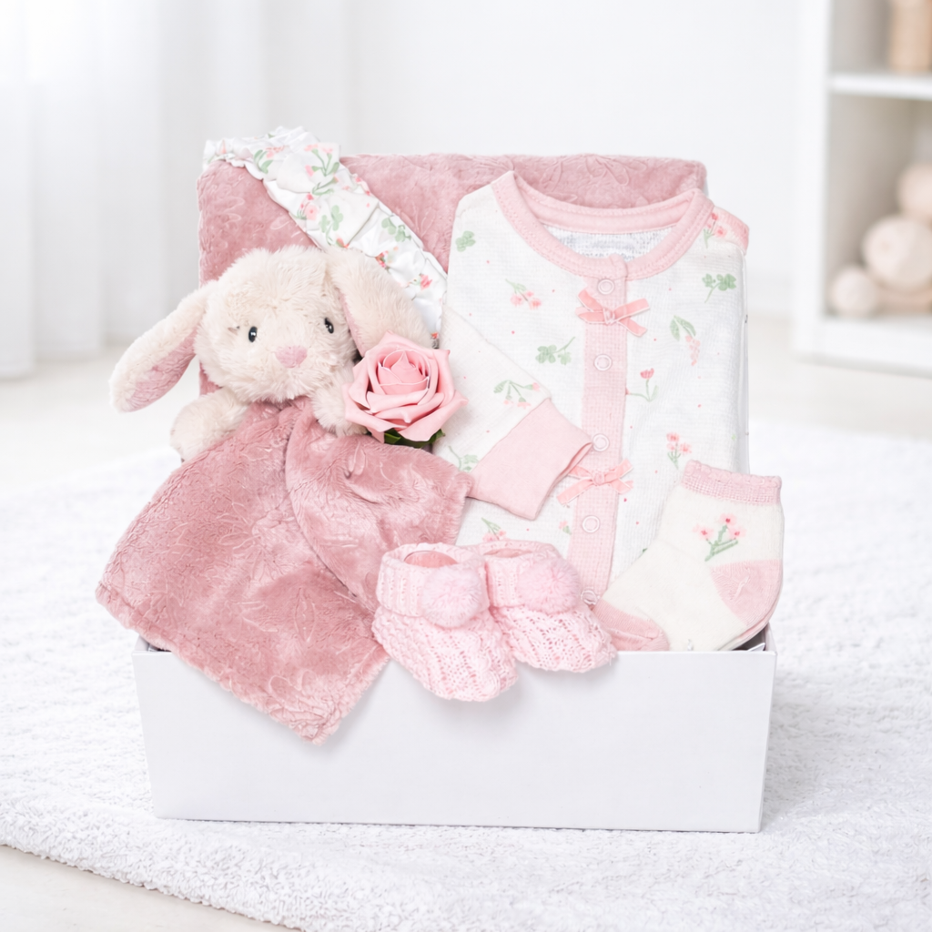 Baby girl gift hamper with floral romper and pink blanket