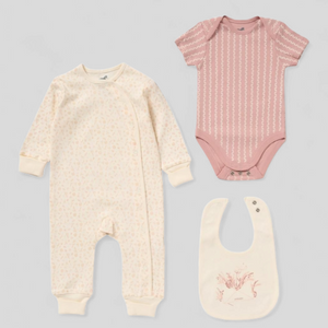 Baby onesie, bib, and pink bodysuit. Baby clothes gift set.