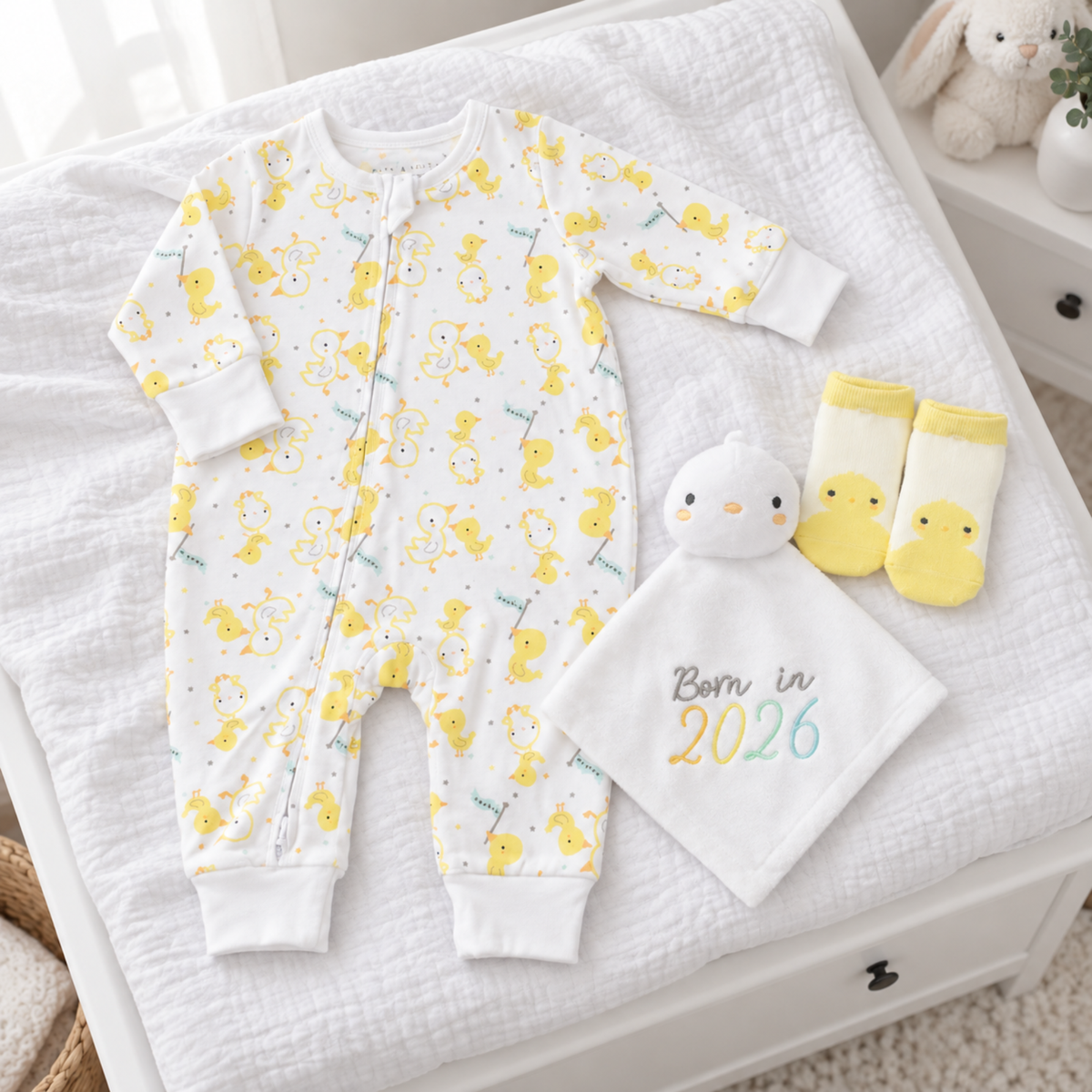 Born in 2026 duck baby gift set with white cotton zip romper, yellow duck socks and embroidered duck comforter.