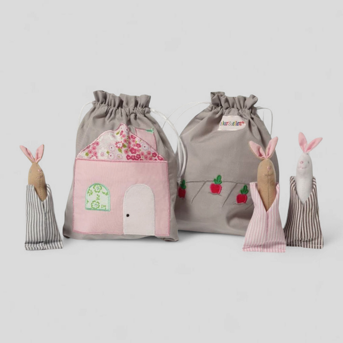 Story bag with finger puppets and bunny dolls – imaginative play and storytelling toy for toddlers

