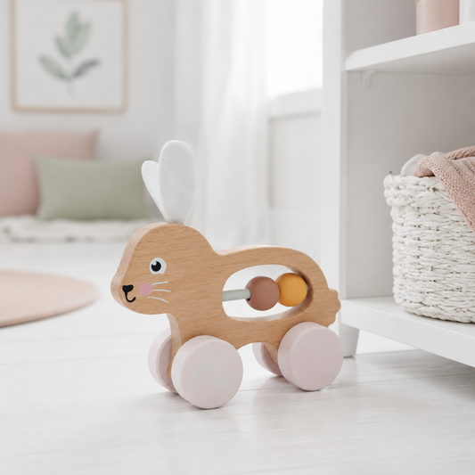 Jumini wooden bunny push along baby toy with pastel beads and felt ears