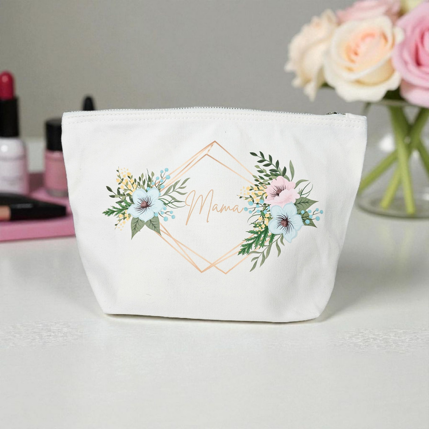 Floral Mama canvas accessory bag with pink and blue flowers and vintage zip.
