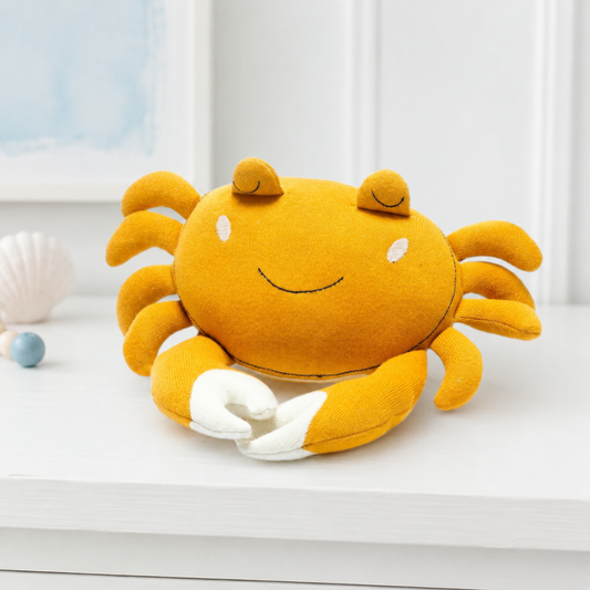 Charlie the Crab mustard organic cotton knitted baby soft toy