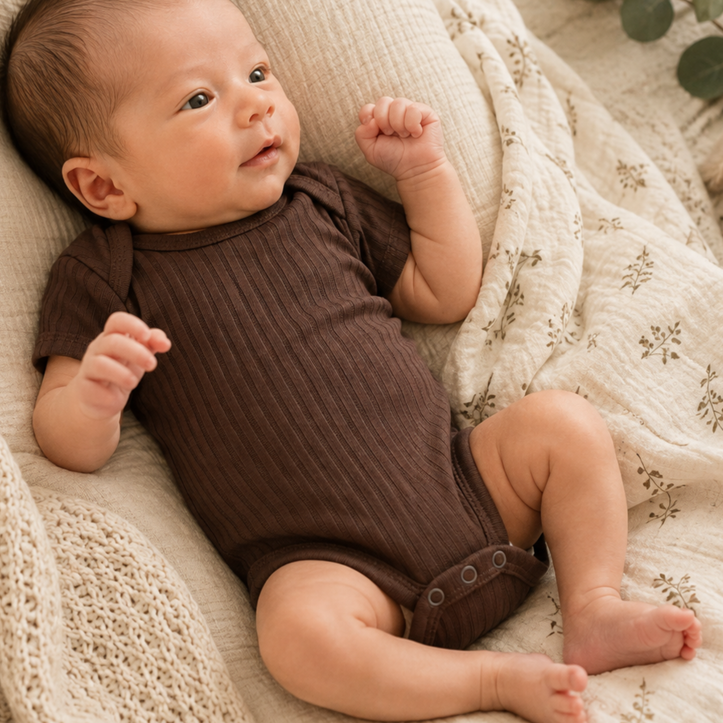 Newborn baby wearing chocolate brown ribbed 100% cotton bodysuit 0–3 months