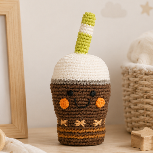 Chocolate milkshake baby rattle – handmade crochet toy by Pebble, fair trade play food gift for babies