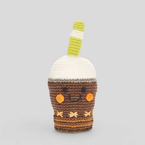 Chocolate milkshake baby rattle – handmade crochet toy by Pebble, fair trade play food gift for babies