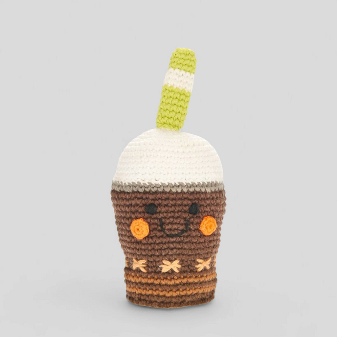 Chocolate milkshake baby rattle – handmade crochet toy by Pebble, fair trade play food gift for babies