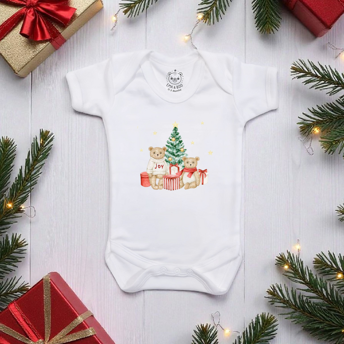 White baby bodysuit with two teddy bears and Christmas tree design