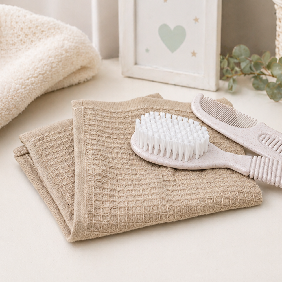 Baby washcloth with soft brush and comb set – newborn baby bath essentials neutral gift