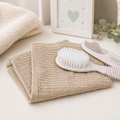 Baby washcloth with soft brush and comb set – newborn baby bath essentials neutral gift