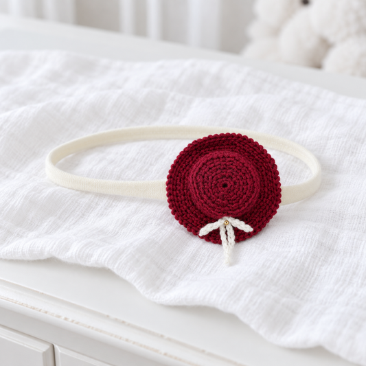 A cream-colored fabric headband featuring a round, deep burgundy crocheted flower applique with a small white leaf detail, displayed on a white textured fabric surface.