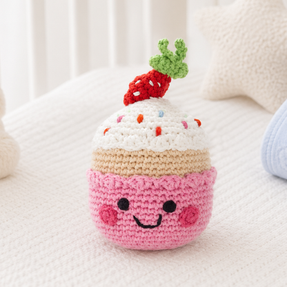fairtrade cupcake baby rattle soft crochet toy newborn sensory toy baby girl gift hamper
