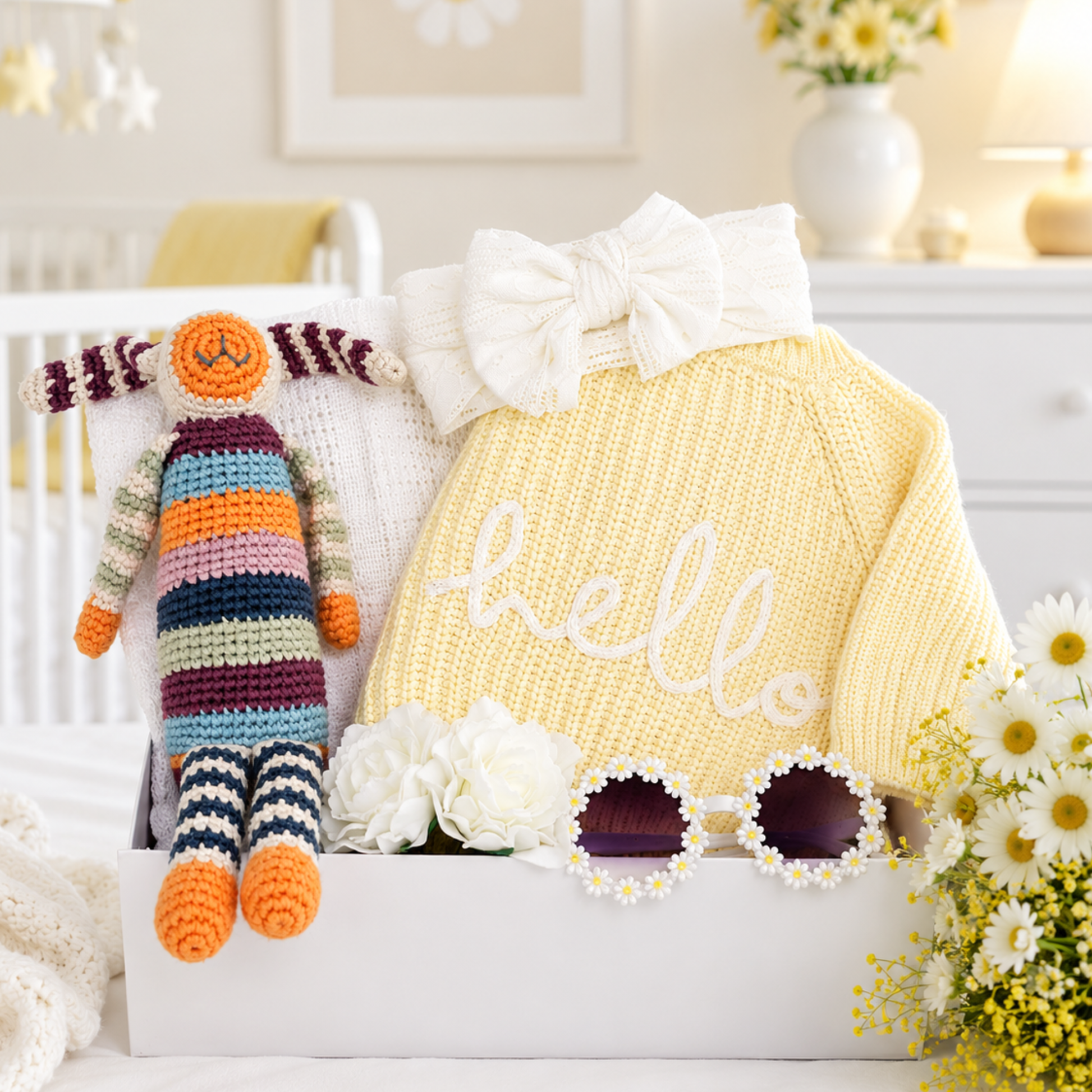 baby girl gift hamper daisy spring baby gift box yellow cardigan crochet bunny newborn gift