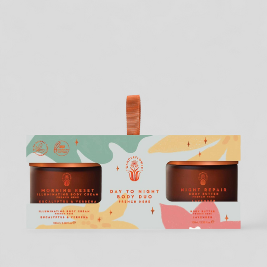Day to Night body duo with morning illuminating cream and night repair body butter