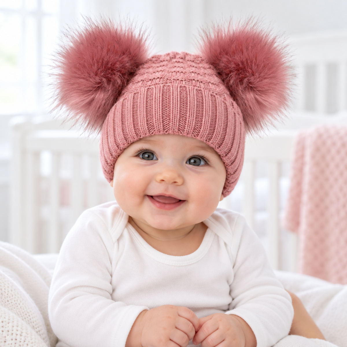 Baby girl wearing a deco rose pink knitted baby hat with two fluffy pom poms and textured ribbed detailing.
