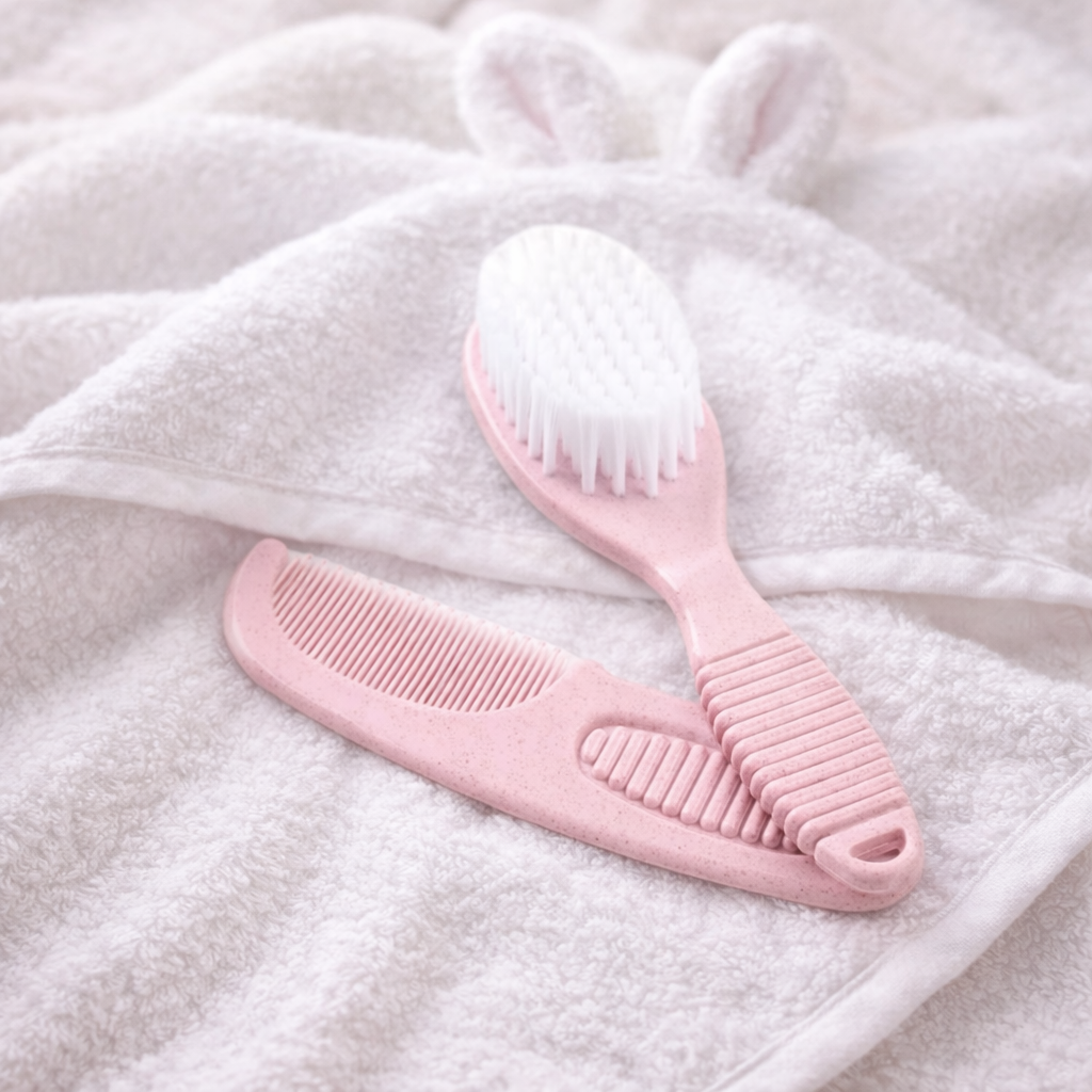 Deluxe baby brush and comb set in pink – grooming gift set for newborn baby girls
