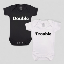 Load image into Gallery viewer, Black and white twin bodysuits with “Double” and “Trouble” print – gifts for newborn twins.

