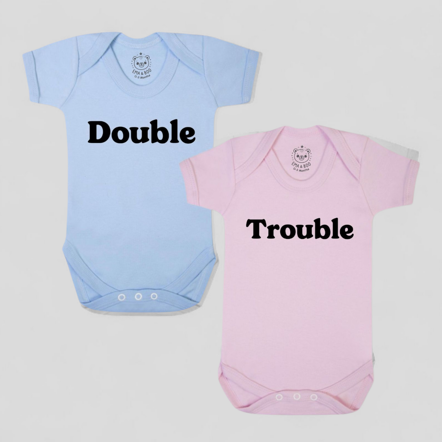 Pink & blue Double Trouble twin baby bodysuit set