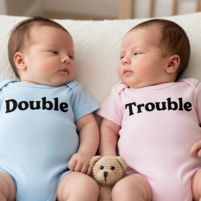 Twin baby gifts, pink and blue bodysuit set