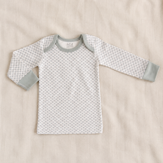 Dove grey organic cotton long sleeve baby top 0–3 months with geometric print and envelope neck