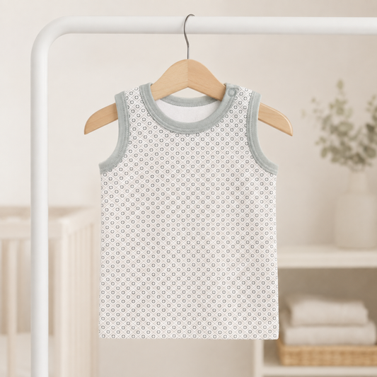 Dove grey organic cotton baby vest top 0–3 months with geometric print and shoulder fastening