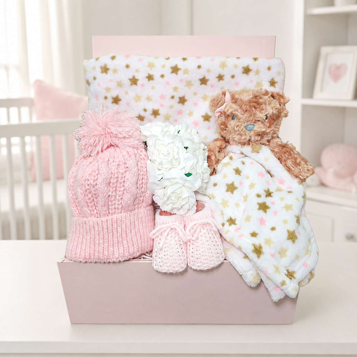Luxury baby girl gift set with cosy accessories and bear comforter - newborn presents