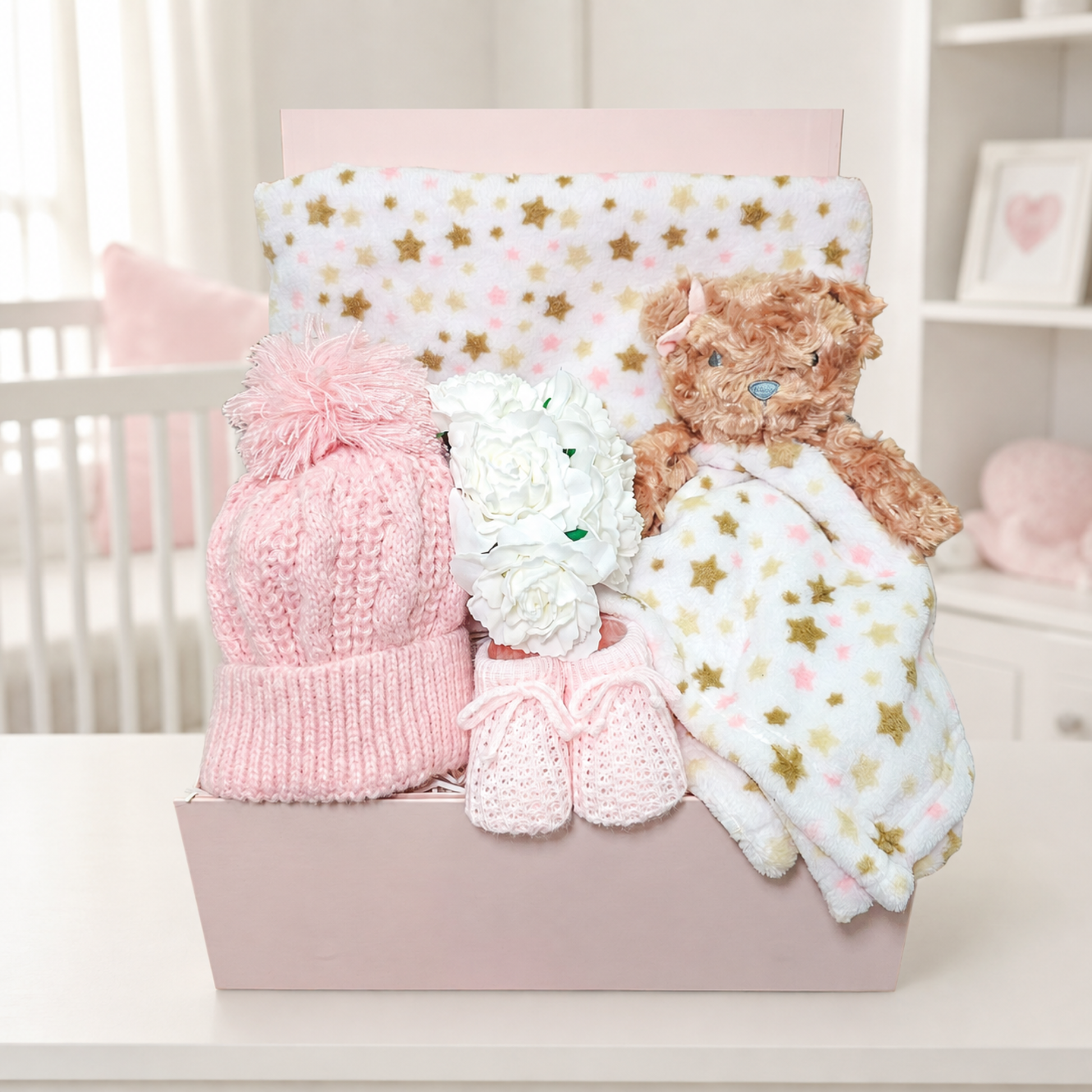 Luxury baby girl gift set with cosy accessories and bear comforter - newborn presents