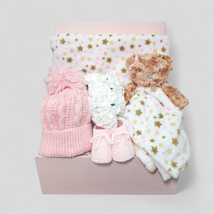 Luxury baby girl gift set with cosy accessories and bear comforter