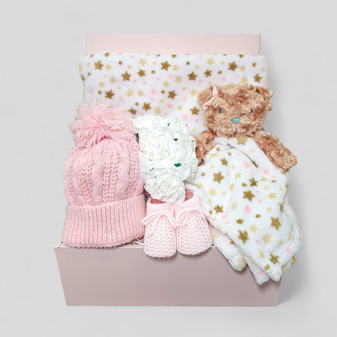 Luxury baby girl gift set with cosy accessories and bear comforter