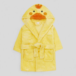 Yellow duck-themed baby robe on a light gray background