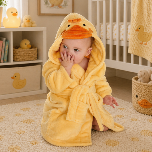 Baby wearing yellow duck hooded dressing gown soft plush baby bath robe cute baby gift