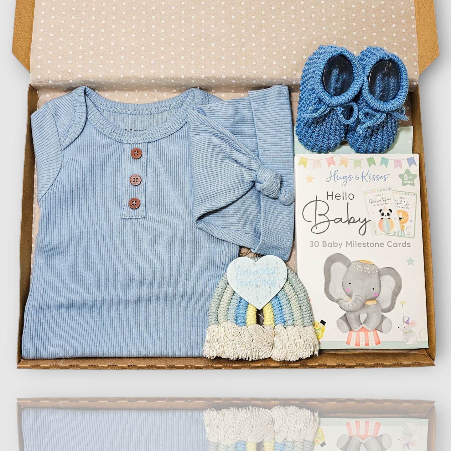 Dusky blue baby boy letterbox gift with bodysuit, hat, booties, rainbow and milestone cards