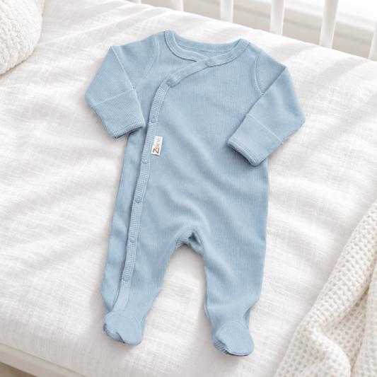Dusky blue cotton ribbed sleepsuit for newborn boys