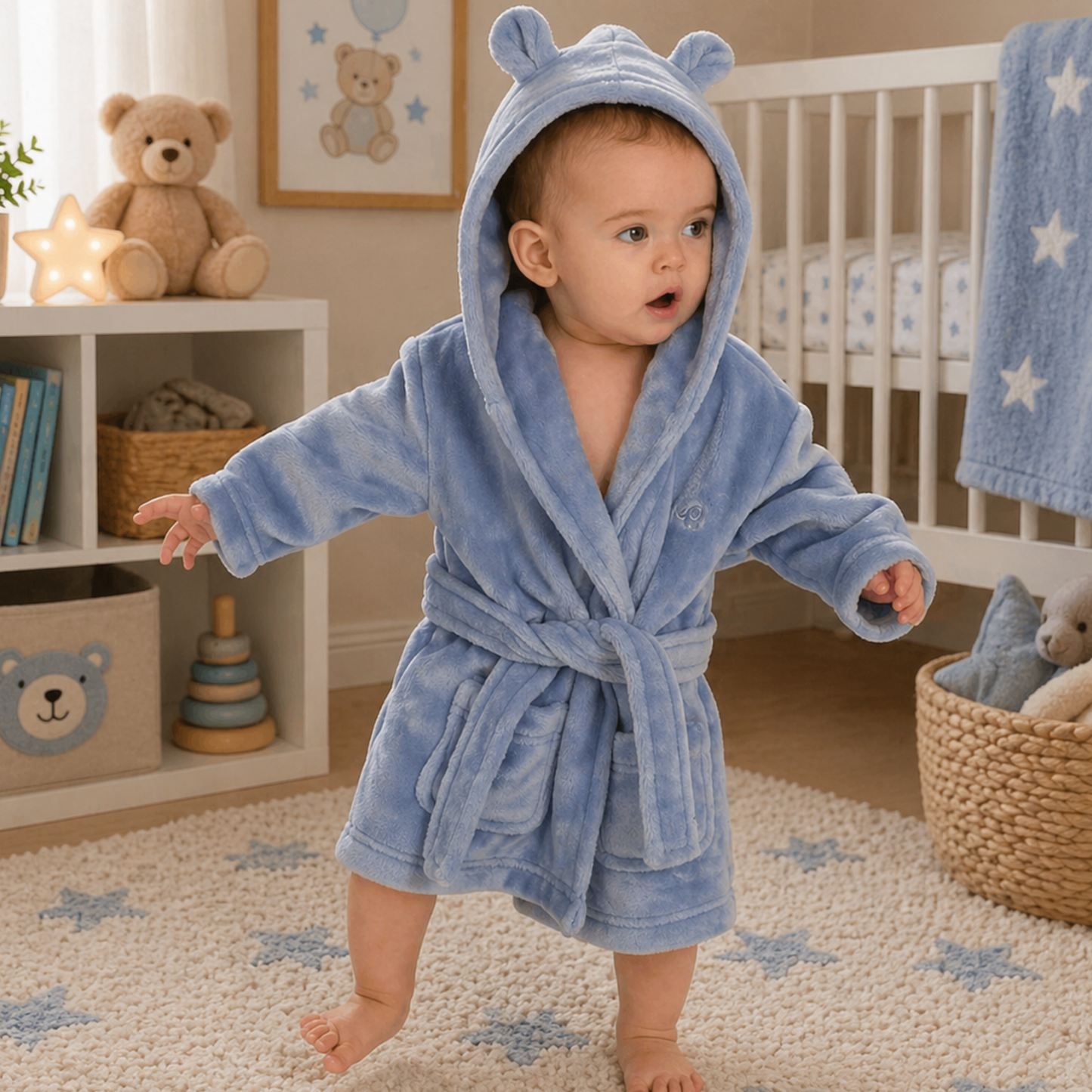 Baby wearing dusky blue hooded dressing gown soft plush baby bath robe cosy baby boy gift