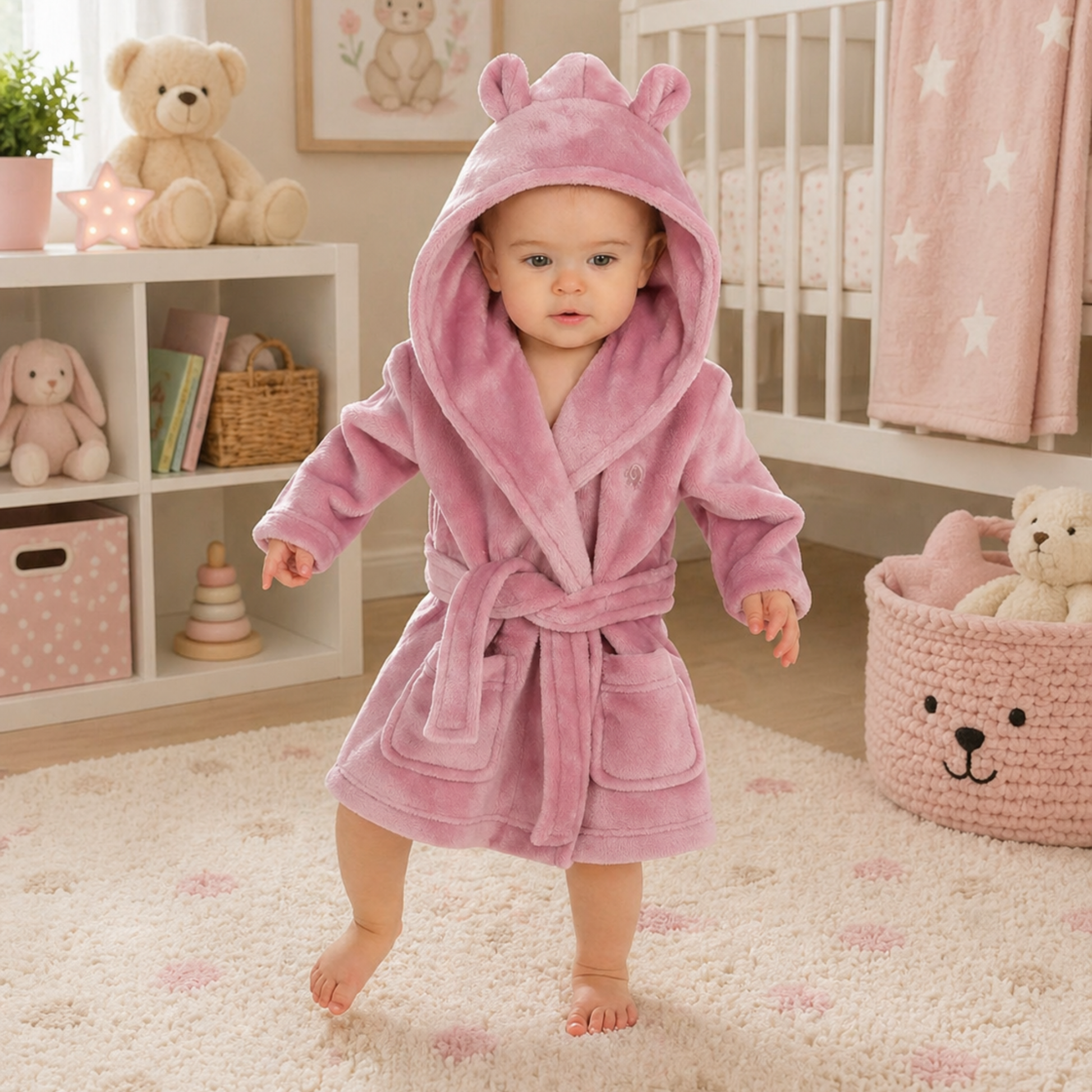 Baby wearing dusky pink hooded dressing gown soft plush baby bath robe baby girl gift