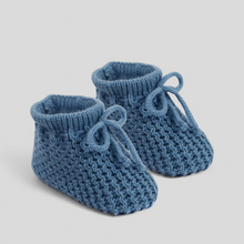 Load image into Gallery viewer, Dusky blue baby booties – cosy newborn shoes for baby boys in muted blue

