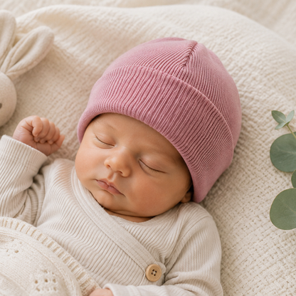 Sleeping newborn baby wearing a dusty pink cotton turnover beanie hat.