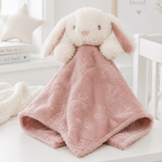 Dusty pink floral embossed baby comforter with a soft plush bunny and matching comfort blanket.