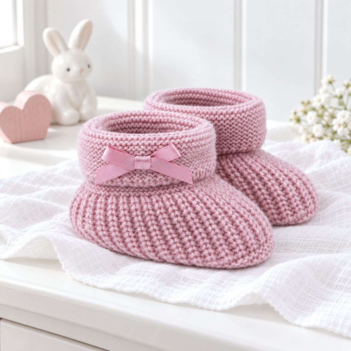 Dusty pink knitted baby girl booties with a decorative satin bow and fold-over cuffs, displayed on a white nursery blanket.
