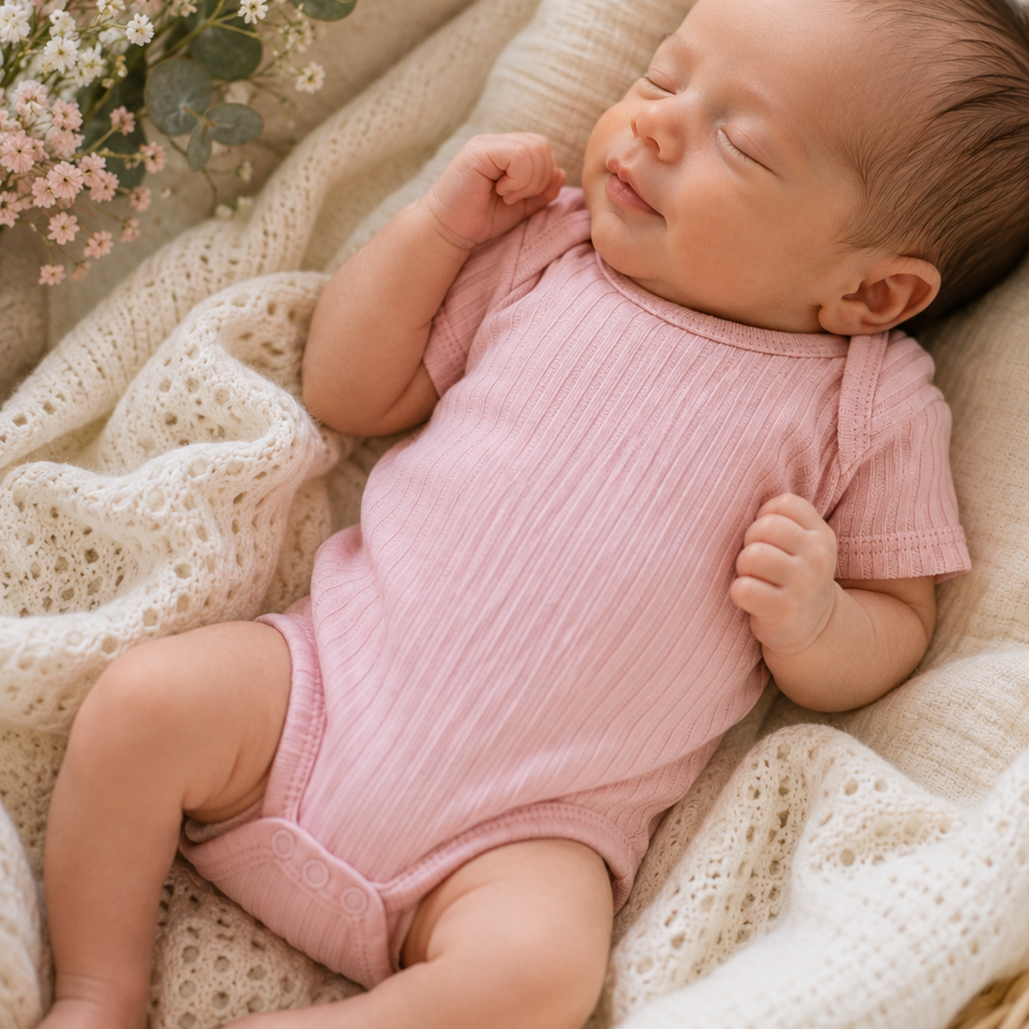 Dusty pink ribbed cotton baby bodysuit 0–3 months with short sleeves