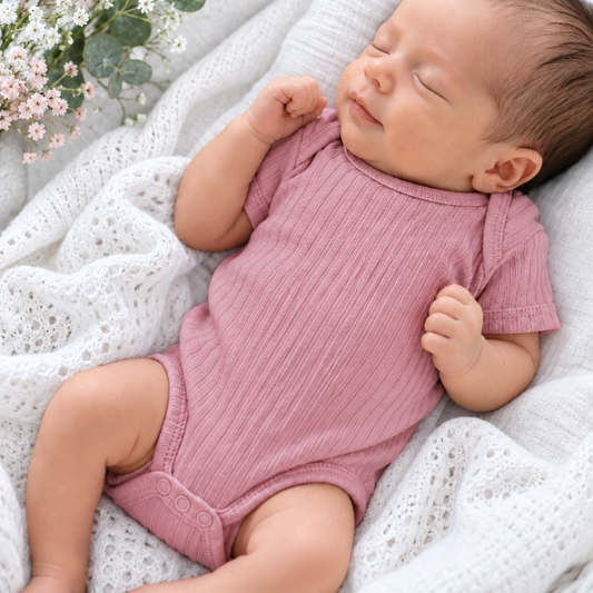 Dusty pink ribbed cotton baby bodysuit 0–3 months with short sleeves