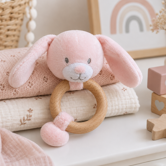 Soft pink bunny baby rattle with a natural wooden teething ring for sensory play and teething relief.