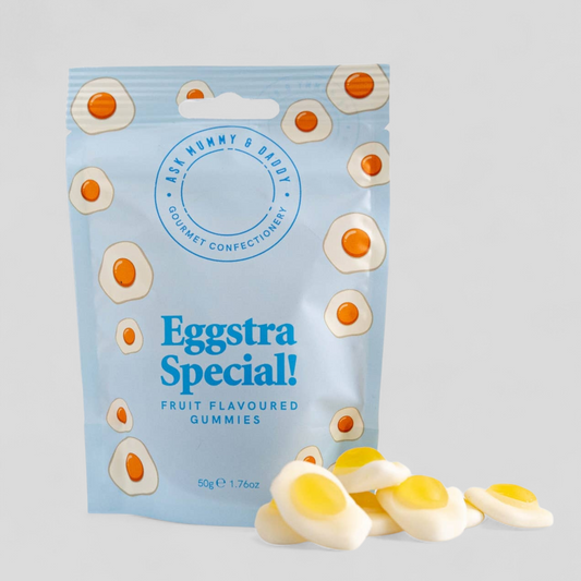 Eggstra Special fruit gummy eggs in blue pouch – fun treat for new parents and baby hamper add-on