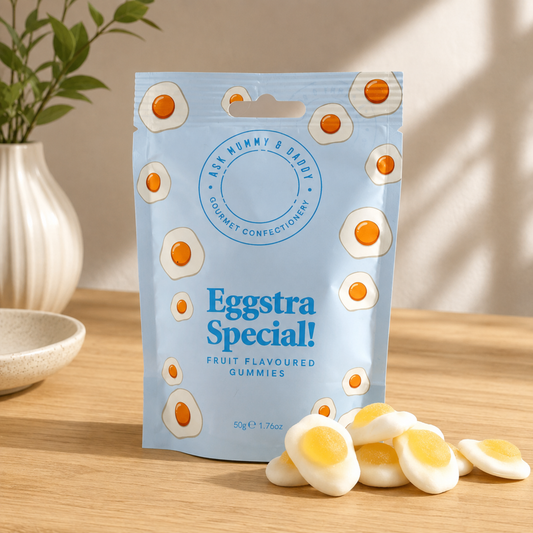 Eggstra Special fruit gummy eggs in blue pouch – fun treat for new parents and baby hamper add-on